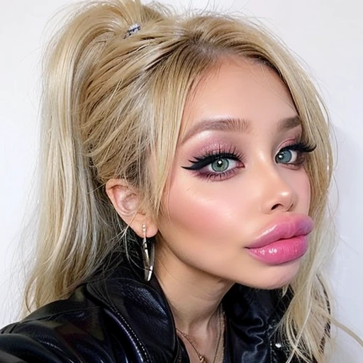 1 girl, simple background, Beautiful face, blonde hair, Cute, bimbolips, huge dimples on the lips, cheekbones, selfie, bang, high ponytail, blonde, Eyeliner, eyeshadow, in room, one hand selfie, necklace, earrings rings, head tilt, in a leather jacket