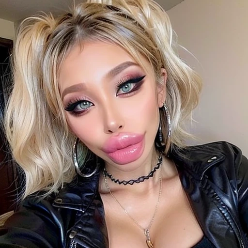 1 girl, simple background, Beautiful face, blonde hair, Cute, bimbolips, huge dimples on the lips, cheekbones, selfie, bang, high ponytail, blonde, Eyeliner, eyeshadow, in room, one hand selfie, necklace, earrings rings, head tilt, in a leather jacket