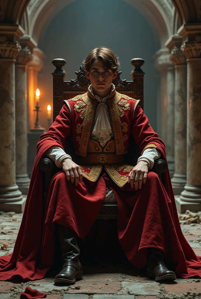 short brown brown Eyes, The prince sits on a grand throne in a ruined palace, 1 boy, 20-year-old, cold face, The protagonist is wearing royal clothing,