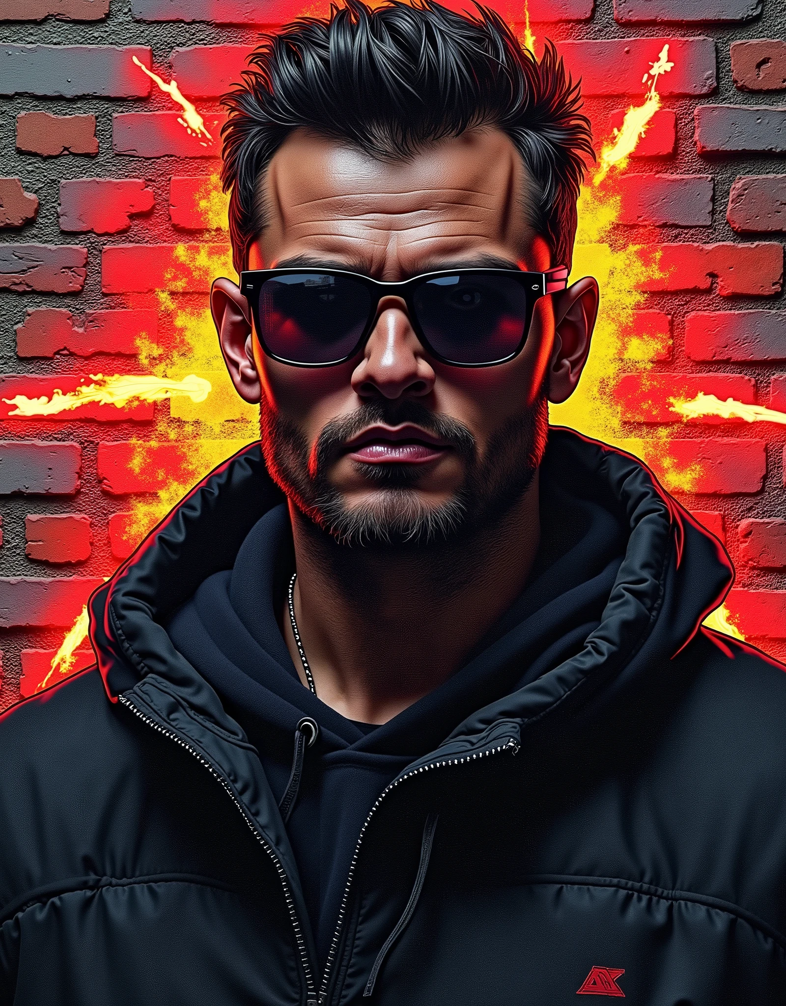 spray paint letters black man and sunglasses on brick wall and letters graffiti and lines of fire, cyberpunk style, graffiti background on the wall, best quality, masterpiece, digital art style, details, graffiti letters, gta style