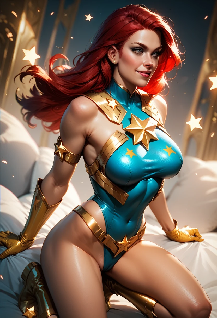 score_9, score_8_up, score_7_up, score_6_up, score_5_up, score_4_up, Sexy, Superheroine, Red hair, long hair, busty, ((blue highleg leotard with a t-back thong and a gold star insignia on chest)), gold boots, gold gloves, flirty