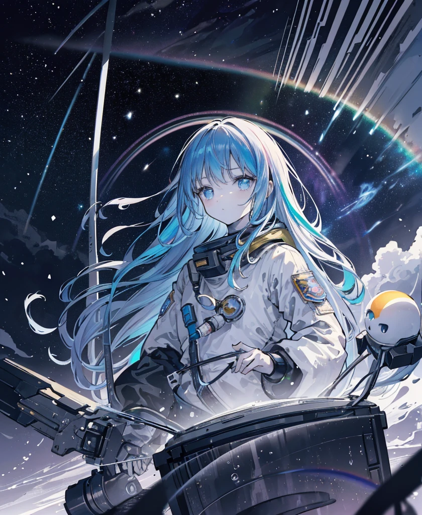 woman astronaut (((Floating in space with air))), performer, planet, nebula, whole body, empty, {Highly detailed 16K CG unit wallpaper}, Vast landscape photography, (A bottom-up perspective that focuses on the characters and the scene), (Wide field view), (Low angle photo), (highlight: 1.2), (Low Light: 1.8), (Warm light source: 1.2), More information Complex, (Rainbow colors: 1.5), (Bright lighting), (Atmospheric lighting), dream-like, Individuality, Line art, Black and White