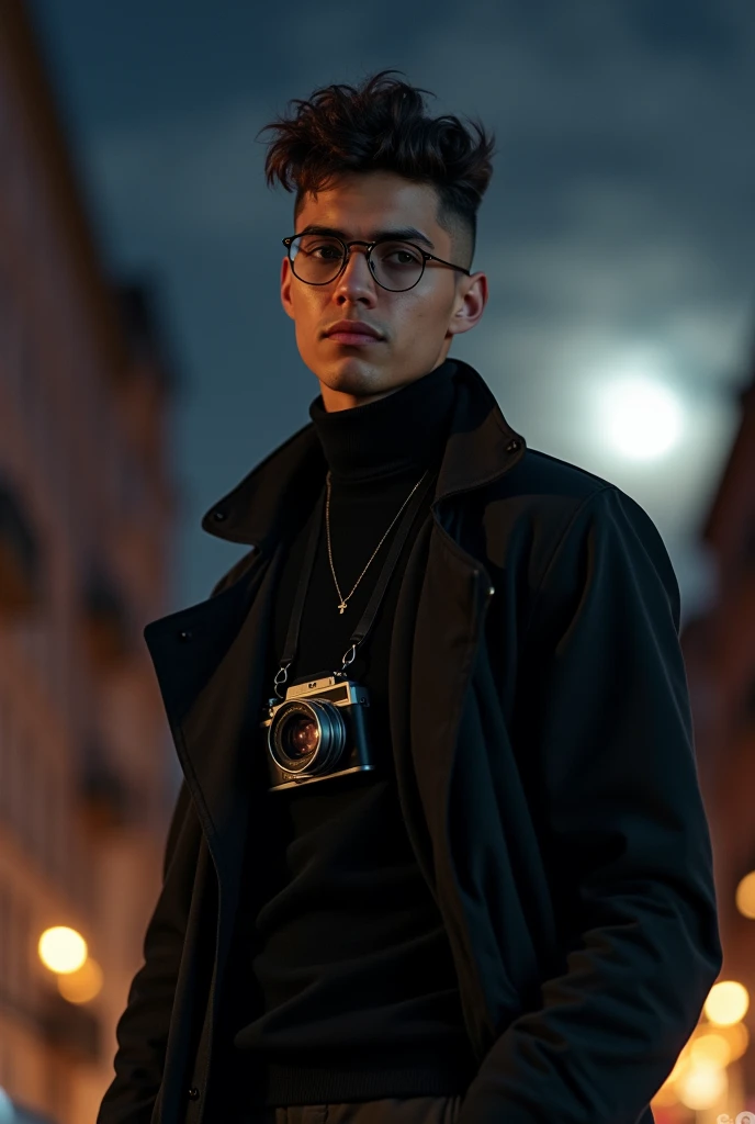 Tan skinned man, 18 year old young man, porte muscular, clothes a literary reader would wear, half moon glasses, traits that a boy from Jalisco Mexico would have, Hazel green eyes, sexy but warm smile, high, wavy semi-long hair. Youthful air, muscular, to wear a black shirt, Underneath this a black turtleneck sweatshirt, dress pants of the same color and a long black trench coat, that looks elegant, that has an unreal beauty, that has a camera hanging around his neck, let it be at night. Let the haircut be a wolf cut, May your eyes be GREEN. Hair in curls and up to the neck LONG HAIR
 