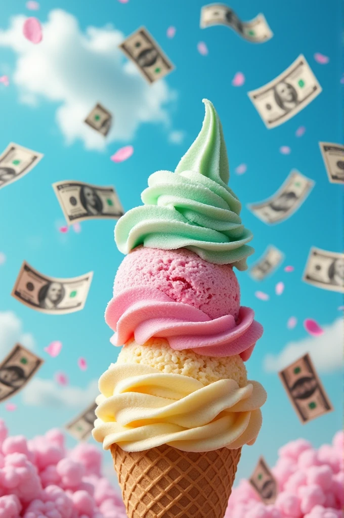 Ice cream and dollars flying through the air