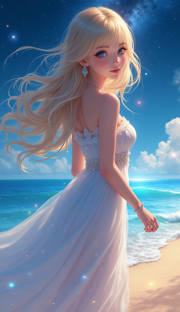 (masterpiece、Highest quality、8k、High resolution)、(The best beautiful girl)、Best Style、(The most beautiful face)、Clear skin、Clean blue eyes、Beautiful lips、Beautiful nose、Blonde Hair、Walking on the sand、Ocean、You can see the forest、A bright night with stars visible、Beautiful starry sky、milky way、(体whole bodyから神秘的な光の粒子、Colorful Light)、The face looks beautiful、(jewelry、necklace)、dress、(whole body)、Highly detailed anime art、A complete portrayal、