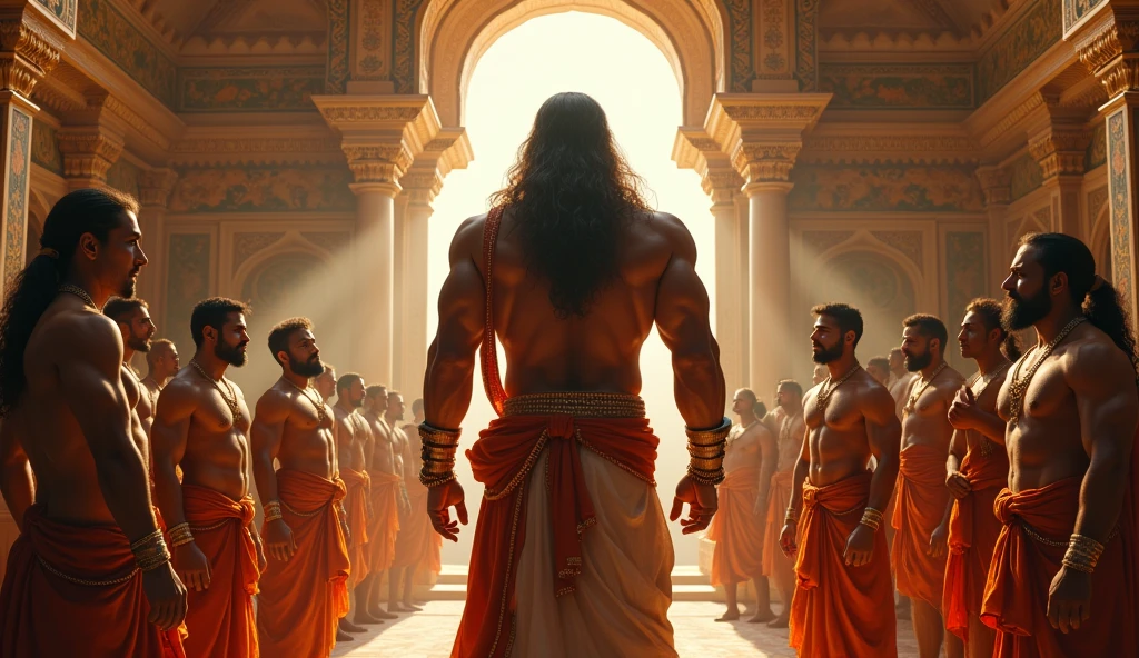 Generate a high quality interior of an indian palace with big windows without mirror and classic curtain closing, the indian king having bodybuilder physic and long hairs scolding and ordering his all male servents standing with anger standing in front of them giving order, the king is pointing finger toward only male servents with visible king face