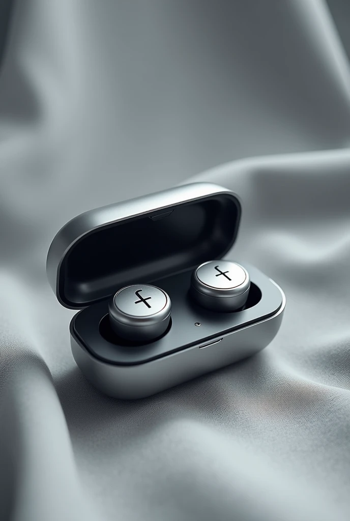 Silver bluetooth headset with charging case, with the letters ( F N ) printed in black and white
