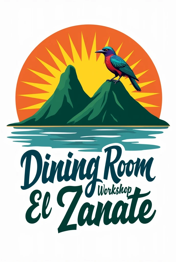 Make a logo of "dining room workshop" "the zanate " with a zanat( animal of Nicaraguan origin) with the island of ometepe ( It has 2 volcanoes and is from Nicaragua,with bright and striking colors and that says "dining room workshop the zanate" in Spanish