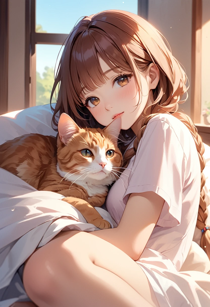 Highest quality、High resolution、Detailed Background、Beautiful face in every detail:、age beauty、Normal number of fingers、Highly detailed face、Detailed eyes、Perfect body line、Light color hair、Braided bob cut、ponytail、cute仕草、A girl with a gentle gaze、
A brown tabby cat was sleeping peacefully in front of a girl standing in a quiet park.、The girl looks at the cat with a gentle gaze、Slowly approaching, snuggling up、The cat noticed the girl's gentle gesture、He slowly opened his eyes and looked back at the girl.、The girl gently stroked the cat's head, and the cat closed its eyes as if in comfort.、It's enough just to feel each other's presence in silence.、The girl looked at the cat's gentle expression.、She suddenly smiled.、The love for small lives、It was a moment when I felt the preciousness of life.、cute