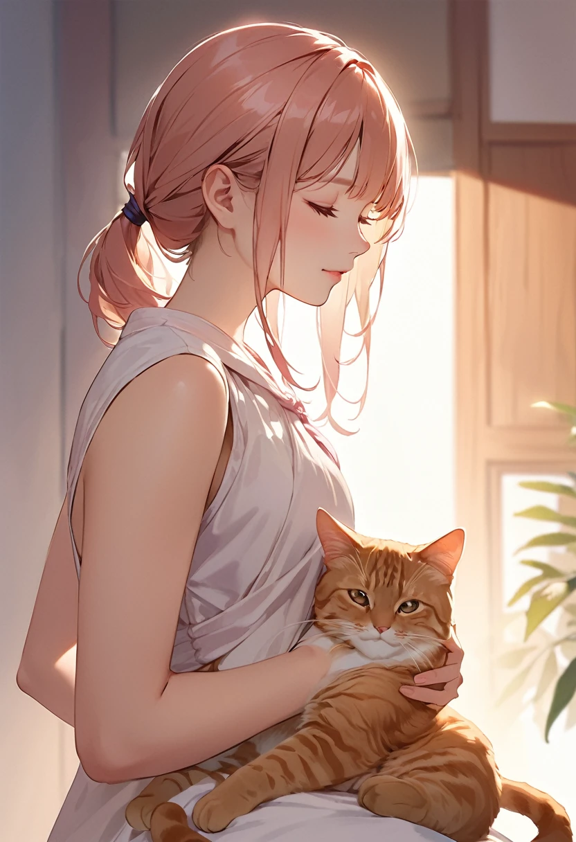 Highest quality、High resolution、Detailed Background、Beautiful face in every detail:、Teenage beauty、Normal number of fingers、Highly detailed face、Detailed eyes、Perfect body line、Light color hair、Braided bob cut、ponytail、cute仕草、A girl with a gentle gaze、
A brown tabby cat was sleeping peacefully in front of a girl standing in a quiet park.、The girl looks at the cat with a gentle gaze、Slowly approaching, snuggling up、The cat noticed the girl&#39;s gentle gesture、He slowly opened his eyes and looked back at the girl.、The girl gently stroked the cat&#39;s head, and the cat closed its eyes as if in comfort.、It&#39;s enough just to feel each other&#39;s presence in silence.、The girl looked at the cat&#39;s gentle expression.、She suddenly smiled.、The love for small lives、It was a moment when I felt the preciousness of life.、cute