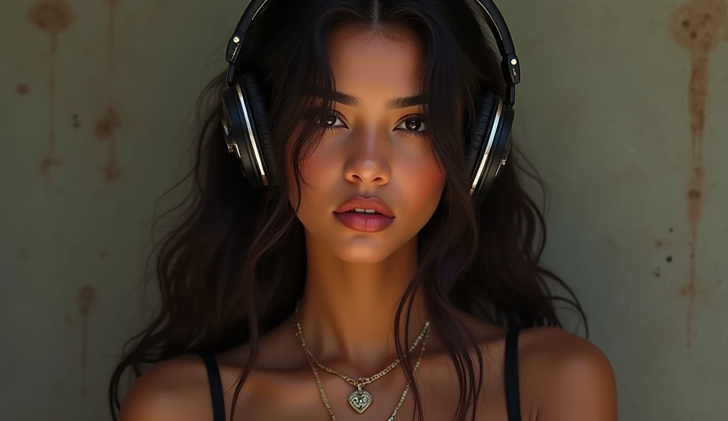 1girl, head phones, arched back head looking up, (12 years old), (Latina), dark skin, (totally realistic), (very hot), (cleavage 5.4), (huge breasts), (very wide hips), (so sweet), (temptation), (very round ass), ((no belly)), ((flat belly)), (ultra thin waist), (white pleated skirt), wide shot, (black floral bra), (tone abs:1.0), (shoulders back:1.1), (looking at me:1.5) (Masterpiece, Professional lighting, 16k, 8k wallpaper, raw photo, photorealistic:1.8, ultra detailed, natural lighting, detailed skin sexy pose, cowboy shot, open mouth, big lips((flat belly)), ((ultra thin waist)), ((huge hips)), ((very thick thighs))