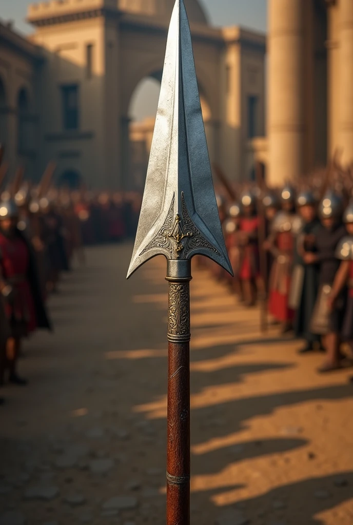 Silver-colored spear with a deep brown handle with golden notches and a long, wide, shiny gray edge.