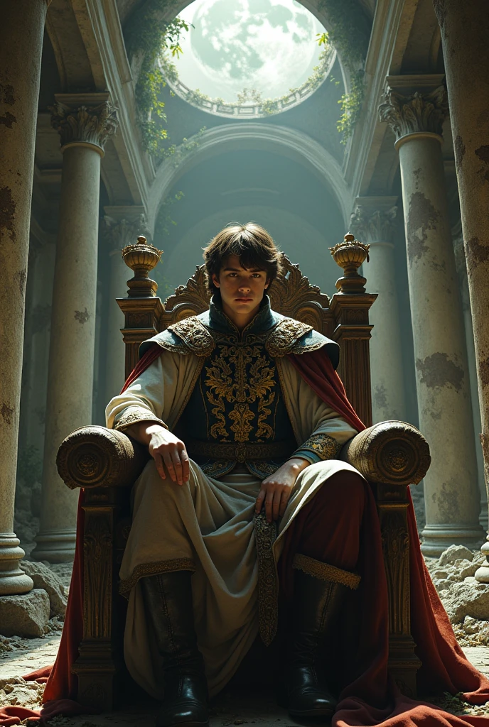 short brown brown Eyes, The prince sits on a grand throne in a ruined palace, 1 boy, 20-year-old, cold face, The protagonist is wearing royal clothing, anime man