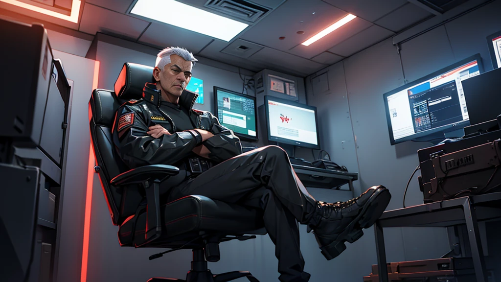 military general sitting in hiss office, cyberpunk style