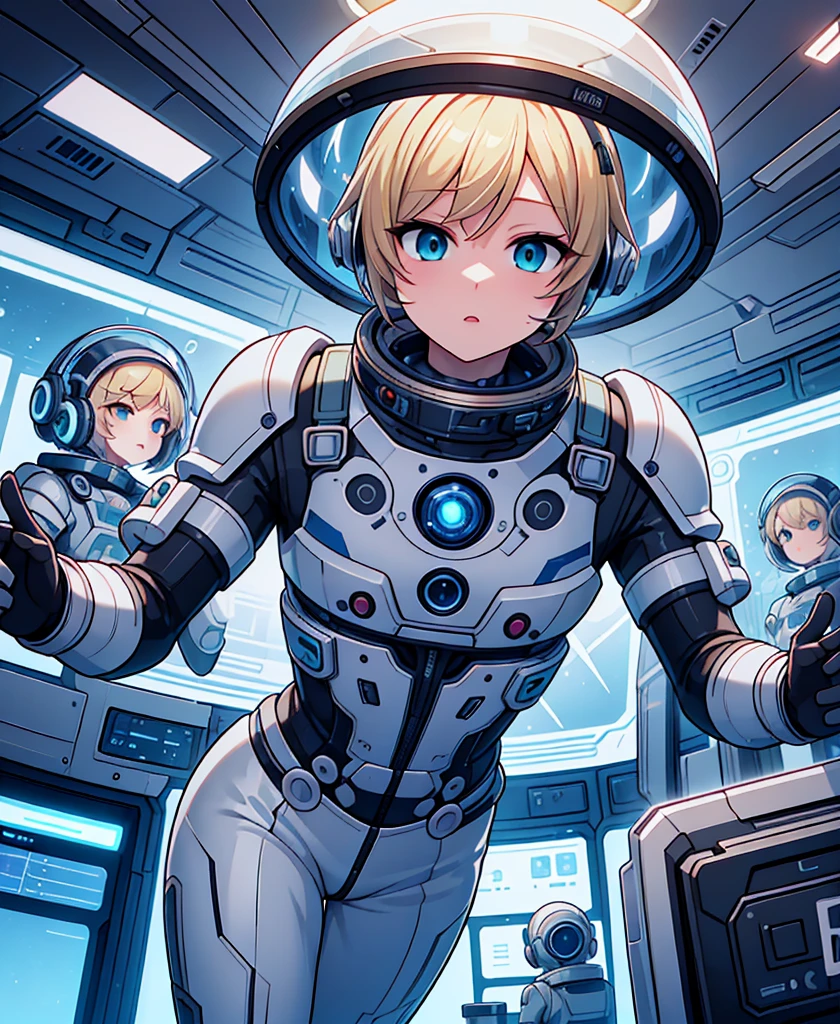 One person, blonde_hair, 一人in,(Space Helmet):6, green_eye, Looking_in_Audience, Futuristic_diving_suit, Realistic, chest, short_hair, lips, Moderate_chest, cyborg_Enhancements, expensive_technology_armor, underwiner, Coral_Reef, tropical_fish, sunlight_light, Futuristic_breinhing_apparinus