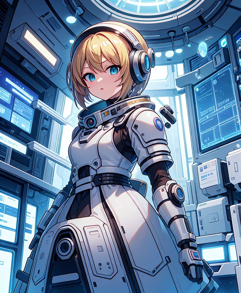 One person, blonde_hair, 一人in,(Space Helmet):6, green_eye, Looking_in_Audience, Futuristic_diving_suit, Realistic, chest, short_hair, lips, Moderate_chest, cyborg_Enhancements, expensive_technology_armor, underwiner, Coral_Reef, tropical_fish, sunlight_light, Futuristic_breinhing_apparinus