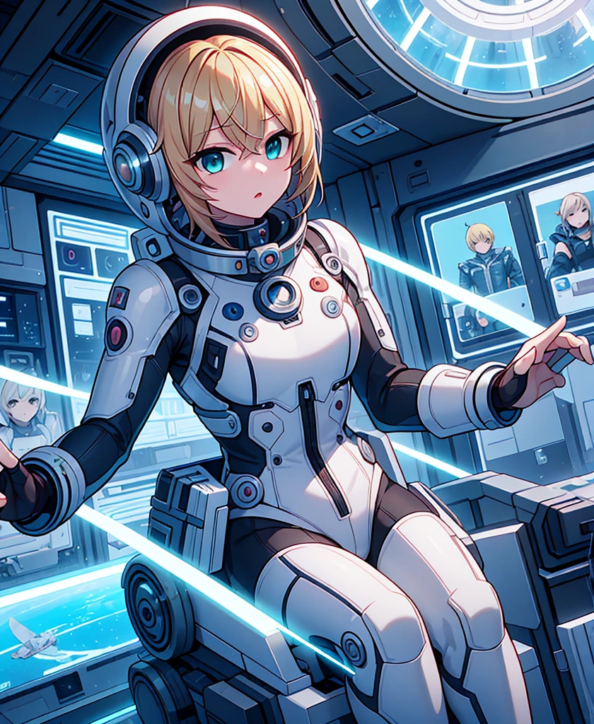 One person, blonde_hair, 一人in,(Space Helmet):6, green_eye, Looking_in_Audience, Futuristic_diving_suit, Realistic, chest, short_hair, lips, Moderate_chest, cyborg_Enhancements, expensive_technology_armor, underwiner, Coral_Reef, tropical_fish, sunlight_light, Futuristic_breinhing_apparinus