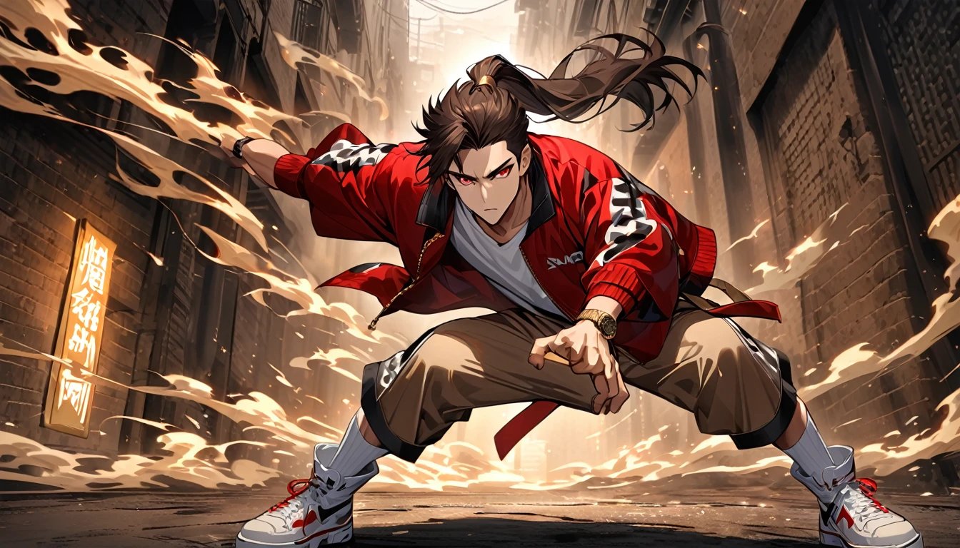 Solitary, Handsome, 1 male, Dark brown long hair ponytail, Side shaved hair，Red Eye, hip hop wear，White top，Red loose baseball jacket, Light brown loose knee shorts，white stockings，white sneakers，Wearing a gold watch on the left hand，Wear a gold necklace, Sharp eyes，Dark Alley Background，smoke surround，Punch forward，dynamic