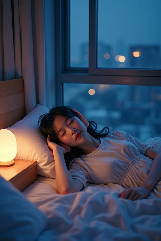 Listen to music while falling asleep,beautiful girl,Japan,8K