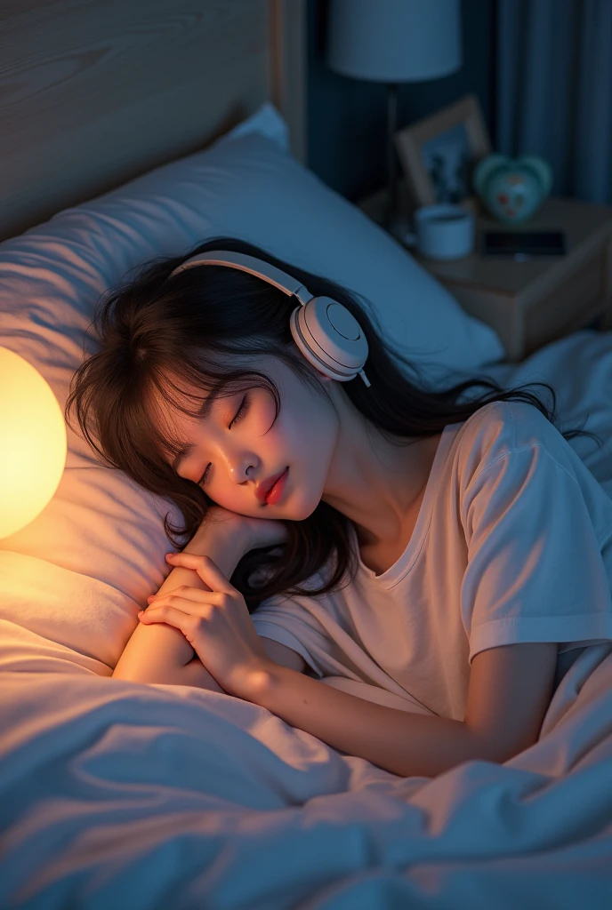 Listen to music while falling asleep,beautiful girl,Japan,8K