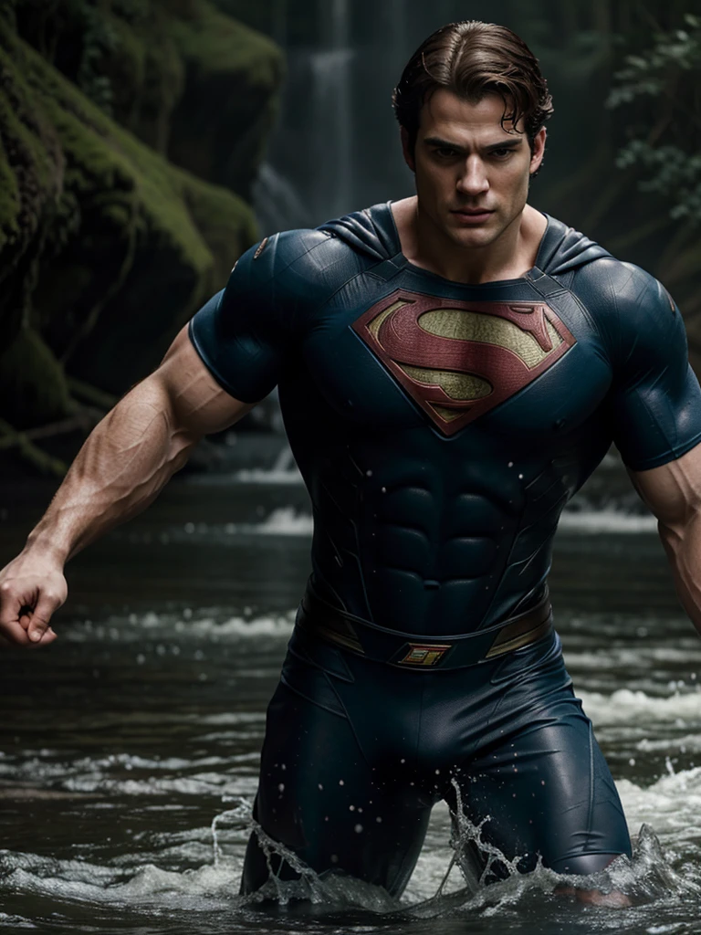 masterpiece, Best Quality, Super resolution, depth of field, Henry cavill besa a chris evans, muscular, waterfall,