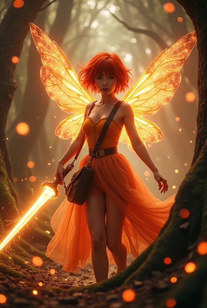 Fairy with destroying sword , with fireball power , light magic , redhead cure short hair, with bag