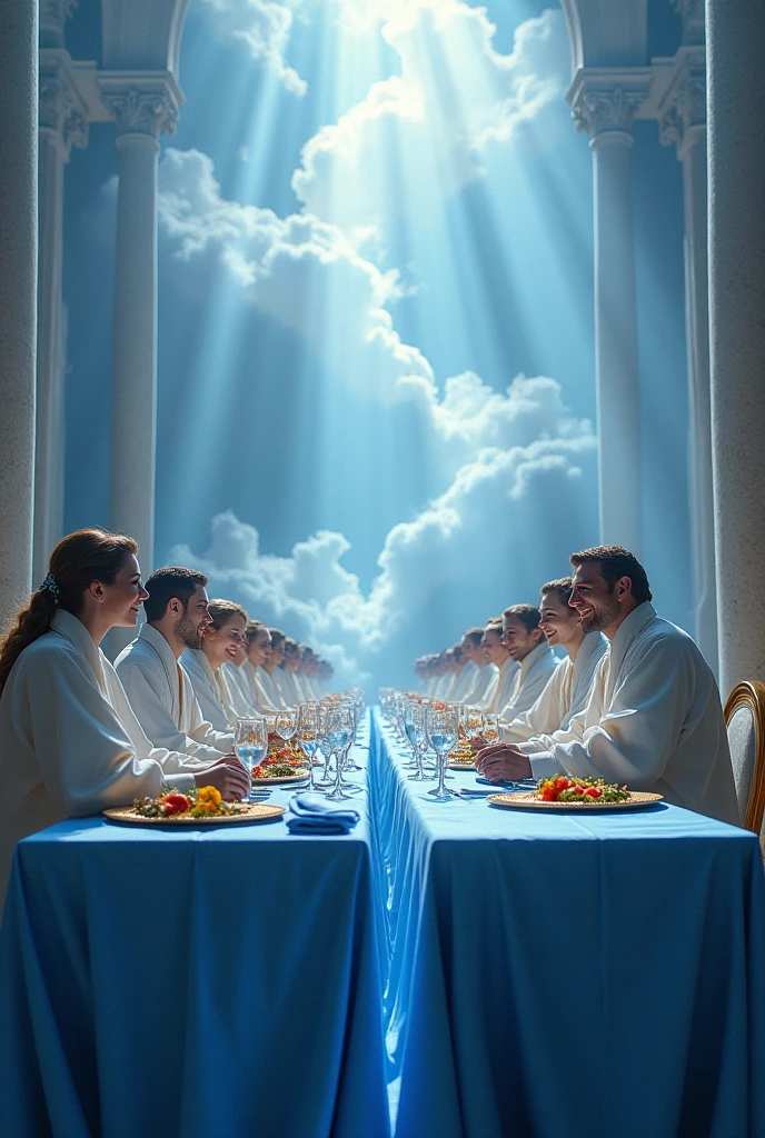 (photorealism:1.2), two dinner table, rectangular tables, long tables, royals, divine light, blue table cloth, food, wine, divine, white robes royal people, sitting on chairs, man and woman, white clouds