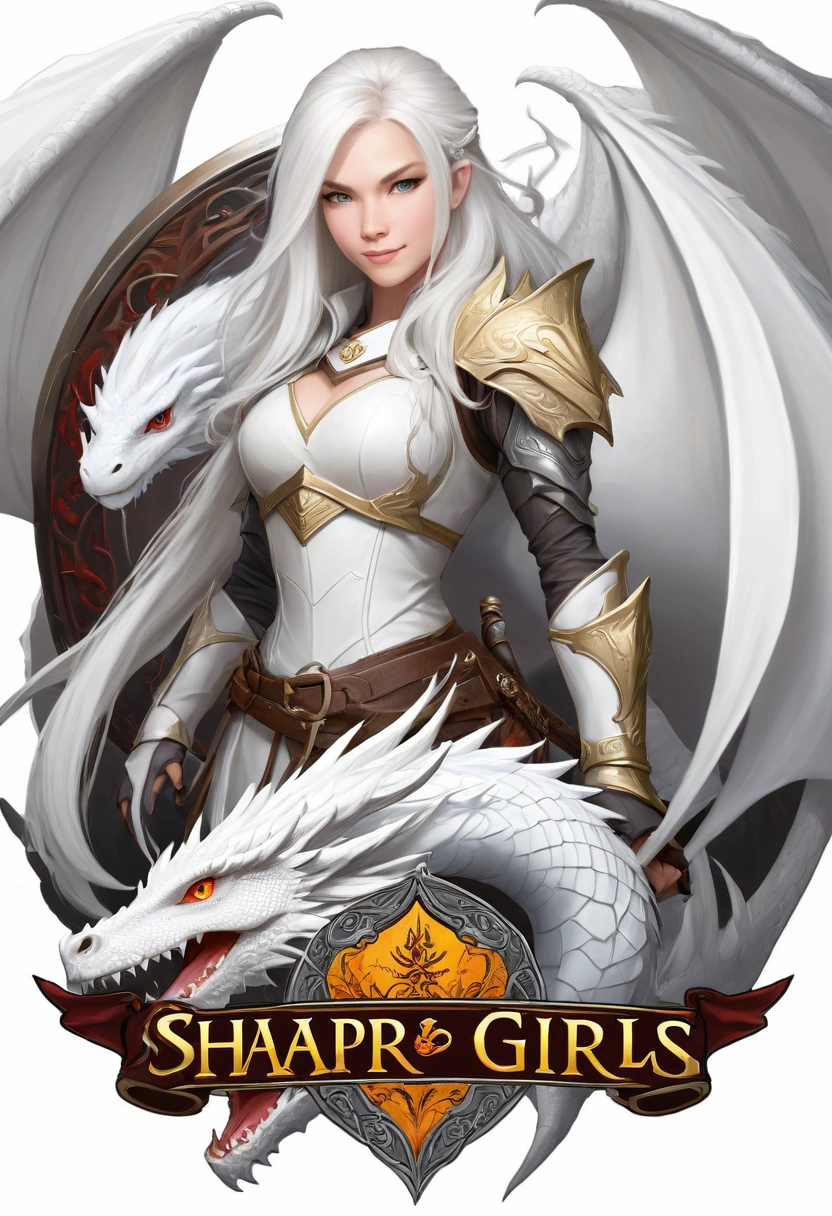 Guild logo with the name SHARP GIRLS, and drawing of a white dragon around a beautiful warrior with long white hair