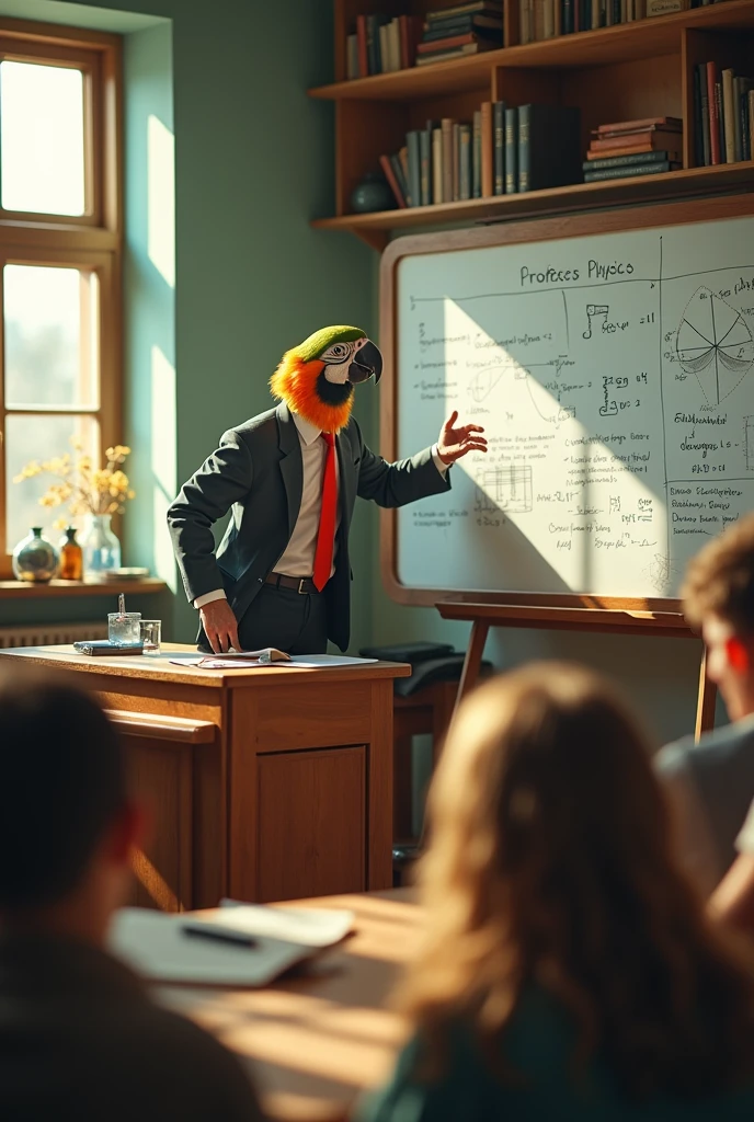 A parrot in a suit and tie, he is a university professor and is in a classroom teaching foolish young humans. On the whiteboard there are several physics formulas