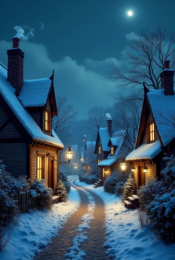 A little dark town and snow falls