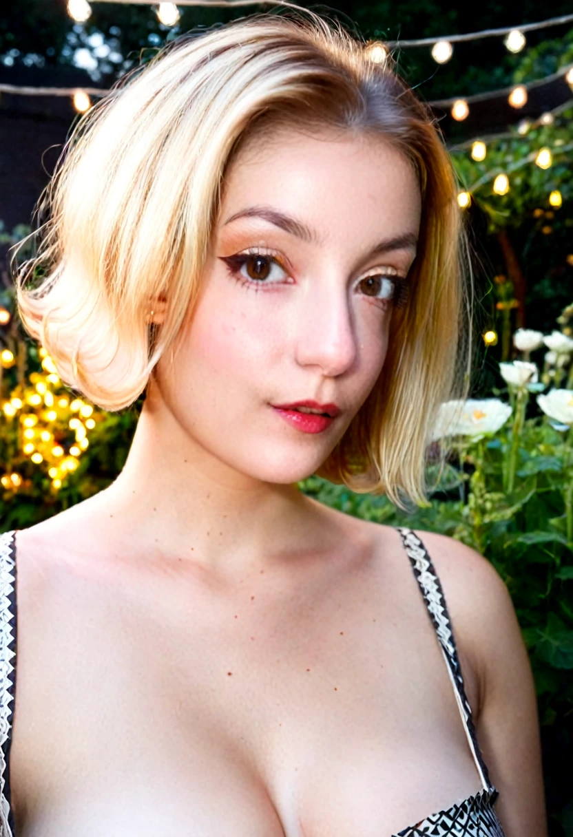 A stunning professional photo of a 24 year old pretty woman, shirt, skirt, cute, absolute beauty, round face, pale skin, (((short blunt bob hair with shaved nape))), (hard hair parting on left side), blonde hair, brown eyes, beautiful eyes, freckles, freckles and moles all over body, large natural , soft breasts areola's, earler, soft natural light, highly realistic skin, highly realistic face, highly realistic eyes, at a garden party, party lights, peopleackground, seductive, sultry, you can tell from the expression on her face that she is highly sexually aroused, low light, sral light, Rembrandt style light, made with a Hasselblad camera, 35mm, film grain, masterpiece, sharp focus