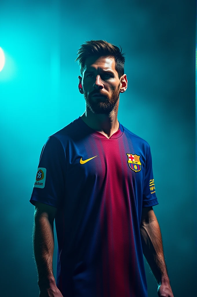 Lionel messi is dressed a Barcelona kit and he is confident.he stands against a aqua colour lightsand wall