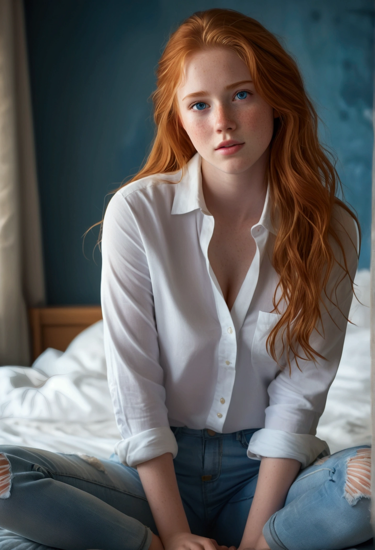 1girl, beautiful 15 year old white redhead girl, blue eyes, freckles, mischievous expression, white shirt, big breasts, ripped jeans, barefoot, sitting on bed, (best quality,4k,8k,highres,masterpiece:1.2),ultra-detailed,(realistic,photorealistic,photo-realistic:1.37),stunning portrait, highly detailed facial features, warm lighting, soft focus, vibrant colors, dynamic composition