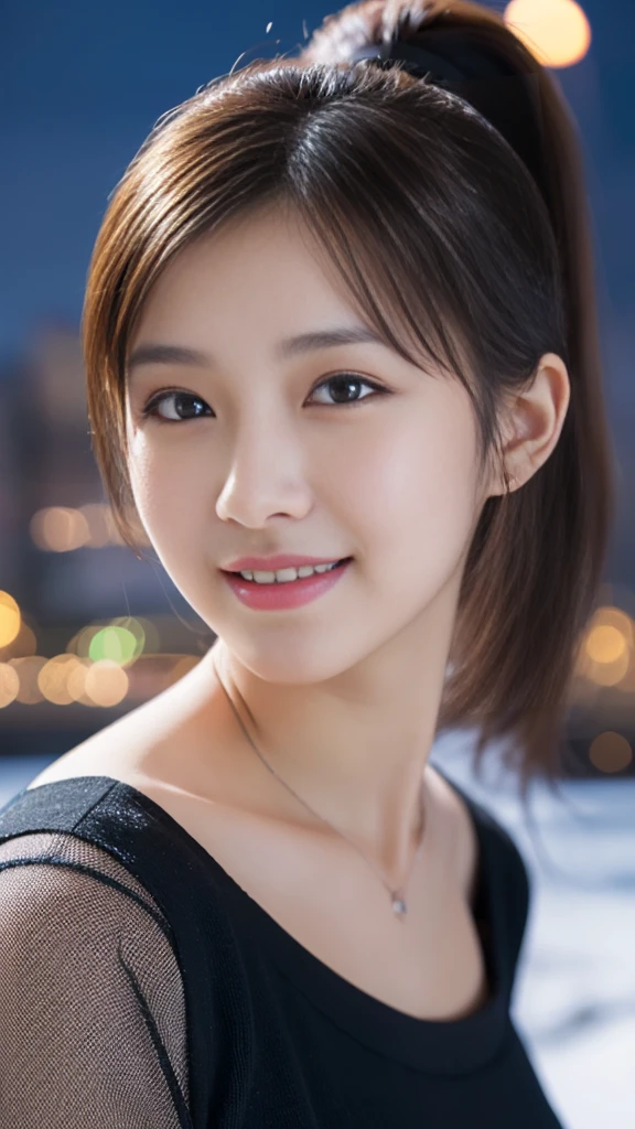 1 girl, (Wearing a black blouse:1.2), beautiful japanese actress, (ponytail:1.3),
(RAW photo, highest quality), (realistic, Photoreal:1.4), masterpiece, 
very delicate and beautiful, very detailed, 2k wallpaper, wonderful, 
finely, Very detailed CG Unity 8k 壁紙, Super detailed, High resolution, 
soft light, beautiful detailed girl, very detailed目と顔, beautifully detailed nose, beautiful and detailed eyes, cinematic lighting, 
BREAK
(Against the backdrop of a snowy night cityscape 1.3), city lights, 
perfect anatomy, slender body, smile, Face the front completely, look at the camera