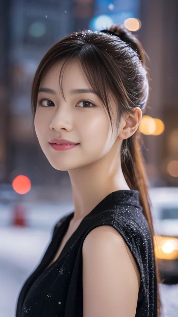 1 girl, (Wearing a black blouse:1.2), beautiful japanese actress, (ponytail:1.3),
(RAW photo, highest quality), (realistic, Photoreal:1.4), masterpiece, 
very delicate and beautiful, very detailed, 2k wallpaper, wonderful, 
finely, Very detailed CG Unity 8k 壁紙, Super detailed, High resolution, 
soft light, beautiful detailed girl, very detailed目と顔, beautifully detailed nose, beautiful and detailed eyes, cinematic lighting, 
BREAK
(Against the backdrop of a snowy night cityscape 1.3), city lights, 
perfect anatomy, slender body, smile, Face the front completely, look at the camera
