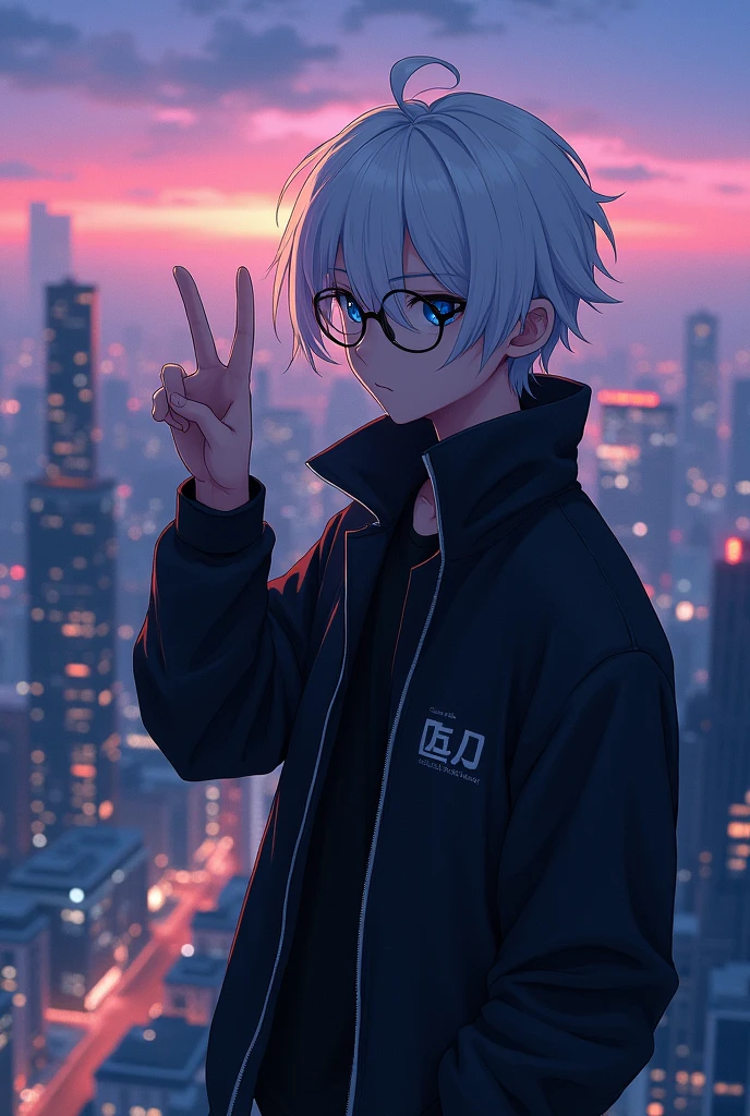 a title that is written : KIP , an anime male character with white hair is staring into the sky on top of a building, solo, gojo satoru, 1boy, male focus, blue eyes, black glasses, white hair, high collar, short hair, hand up with index and middle finger crossed, jacket, bangs, hair between eyes, black jacket, tall physique, Gojo