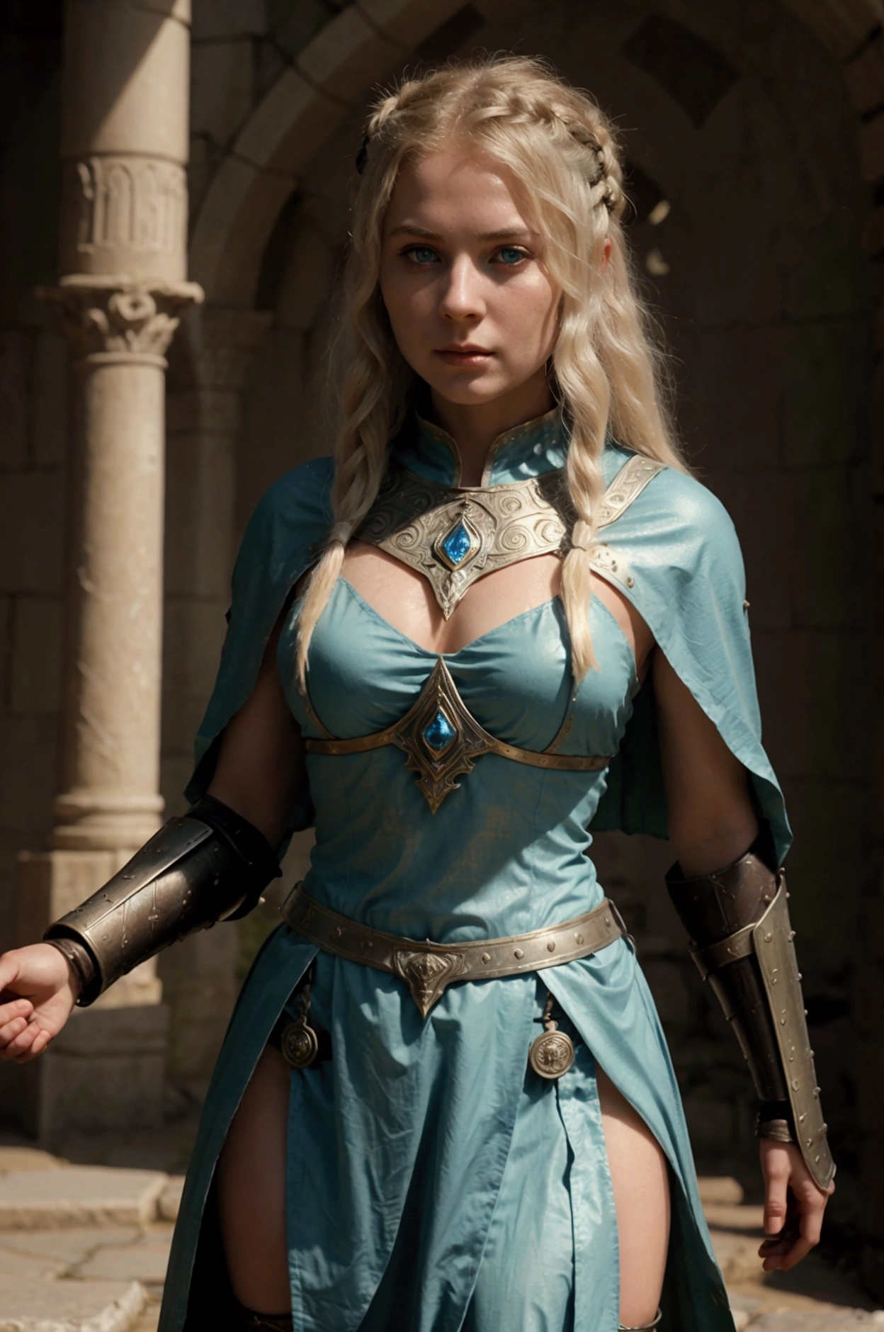 In the mist-shrouded ruins of an ancient world, Brynja Thorsdottir emerges, a warrior of striking beauty and unmatched skill. ⚔️ Her golden hair flows like a river of sunlight, and her eyes hold the secrets of countless battles. Clad in armor adorned with sapphire stones and wielding a sword forged in ancient flames, Brynja is a figure of strength and grace, ready to face any challenge that comes her way.