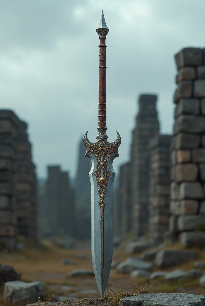 Silver-colored spear with a deep brown handle with golden notches and a long, wide, shiny gray edge.
