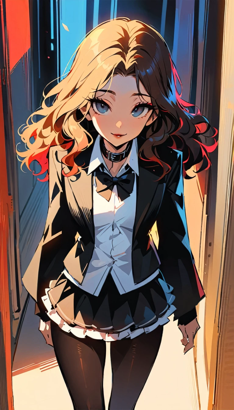 (high quality, 8k, 4K, high contrast, artwork:1.2, high quality, best aesthetics), (centered), ((1 woman)), erotic, sensual, mature body, grown woman, super detailed, beautiful face detailed, beautiful eyes detailed, detailed beautiful mouth, (long red wavy hair), (black eyes), (black eyeliner), (red eyeshadow), (black lipstick), (relaxed expression), (simple white shirt with collar), (black jacket), (black bow tie), (black ruffle skirt), (black leggings), (standing), (front view), (looking at the viewer), (piercing gaze)