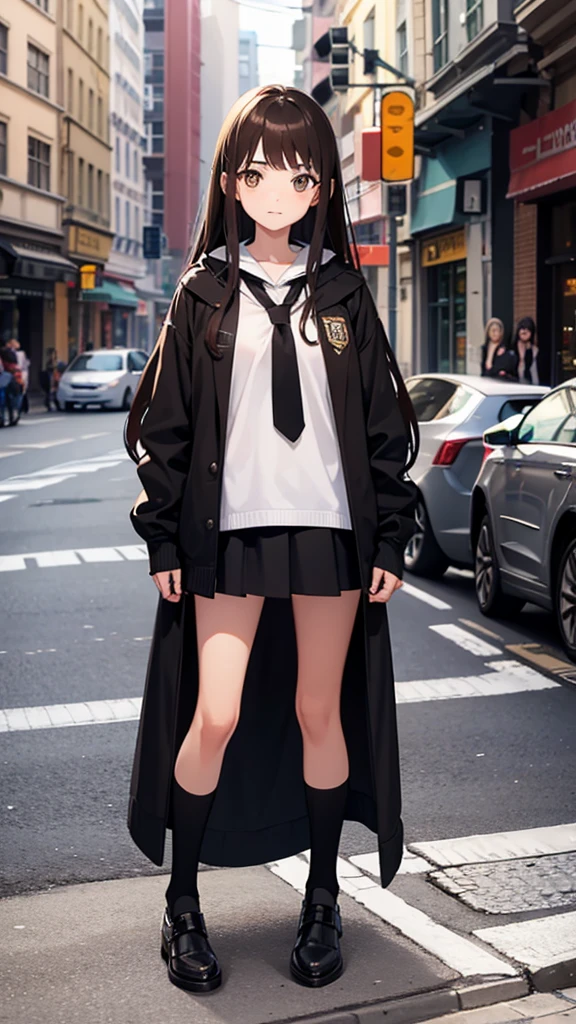 girl with long brown hair and dark brown eyes, and with two arms and two legs and 5 fingers on each hand and with normal clothes to go out on the street