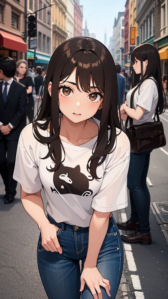 15 year old girl with long brown hair and dark brown eyes,  and with two arms and two legs and 5 fingers on each hand and with normal clothes to go out on the street