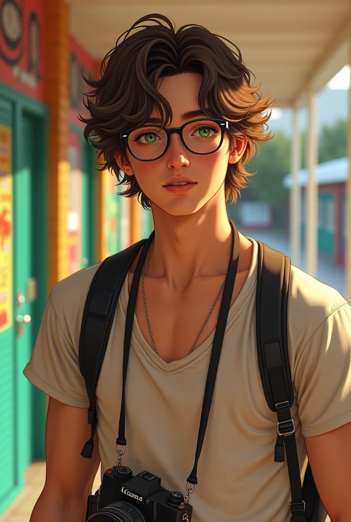Boy with shoulder-length hair, with curls, high school, Brown hair, green eyes, moreno, elegamte, sexy, half moon glasses and muscular, a camera hanging from his neck.