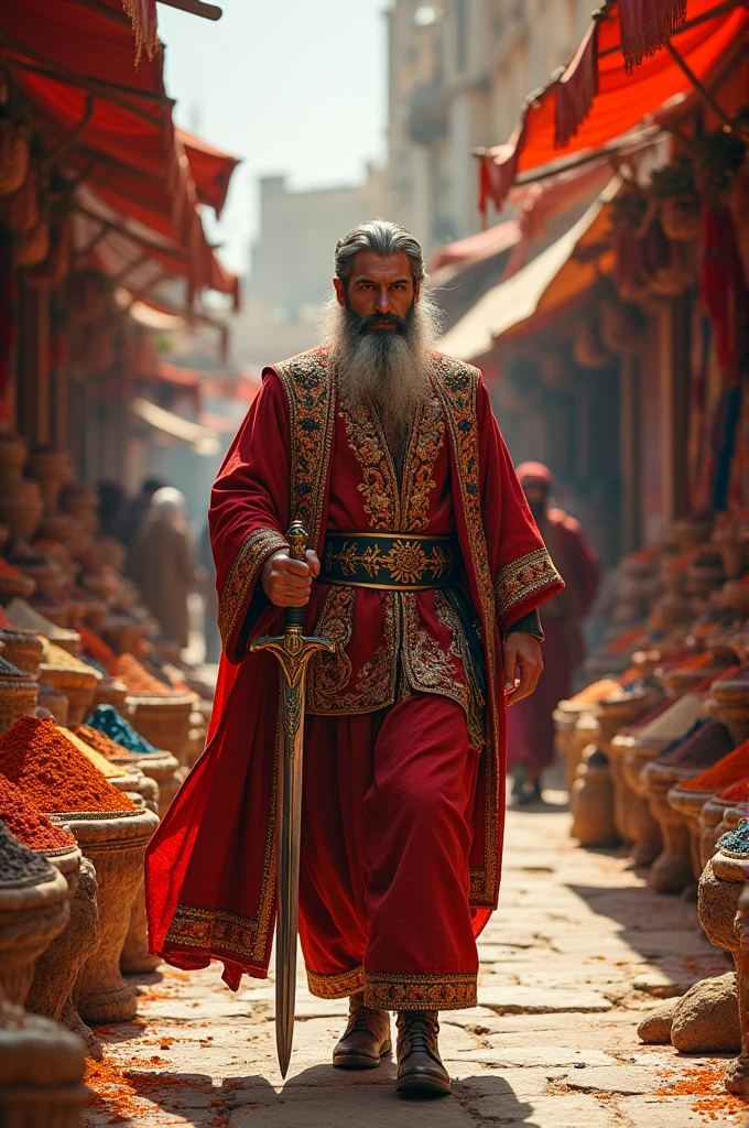 Persian general walking with a sword with a haughty look in the background the spice market and also add carpet sellers