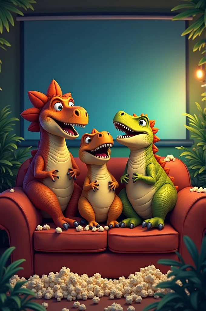 Family of dinosaurs sitting on the couch watching TV and eating popcorn