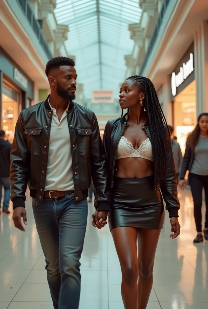 Magnificent detail, 8K Photos, hyper- realism, realistic background, visual depth, wide angle lens, professional light. {The scene shows a white man walking through a shopping center holding hands with his black girlfriend with braided hair., hottie with muscular legs and . The white man wears jeans and a t-shirt. The woman wears a leather miniskirt, partially showing her ass and a white lace bra. She attracts the attention of other men at the mall.