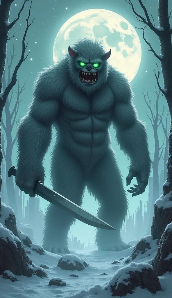 a monstrous and terrifying and beautiful yeti girl at the same time, her fur is reddish silver with black and she has bright luminous green eyes and she also has a yandere facial expression and she has a large knife in her left hand and remember she is a non-human monster
