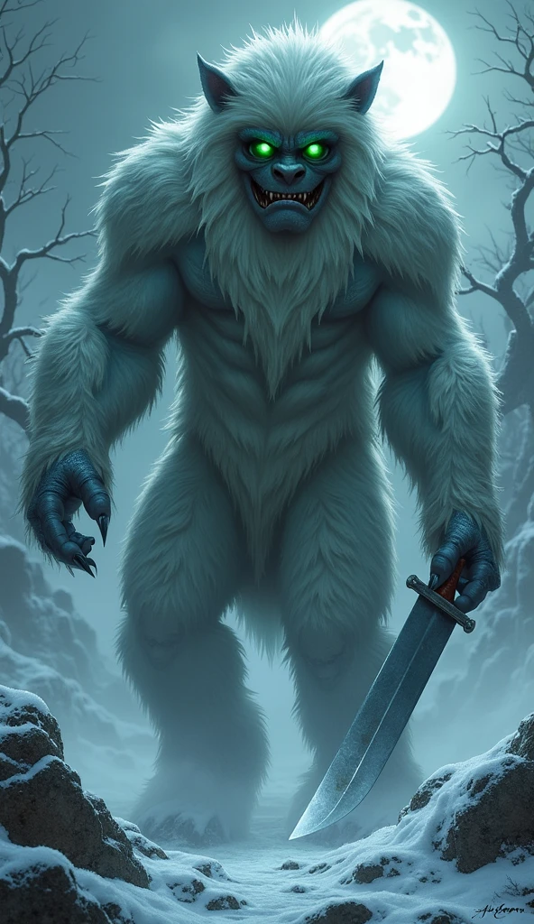 a monstrous and terrifying and beautiful yeti girl at the same time, her fur is reddish silver with black and she has bright luminous green eyes and she also has a yandere facial expression and she has a large knife in her left hand and remember she is a non-human monster