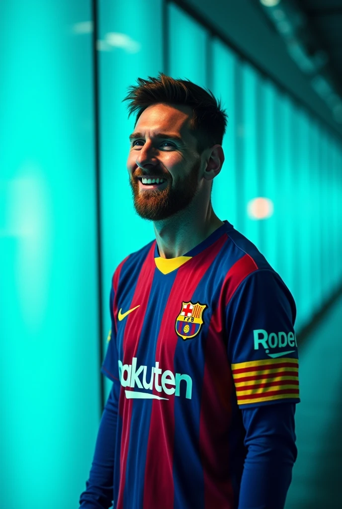 Lionel messi is dressed a Barcelona kit and he is confidentsmile.he stands against a aqua colour lightsand wall