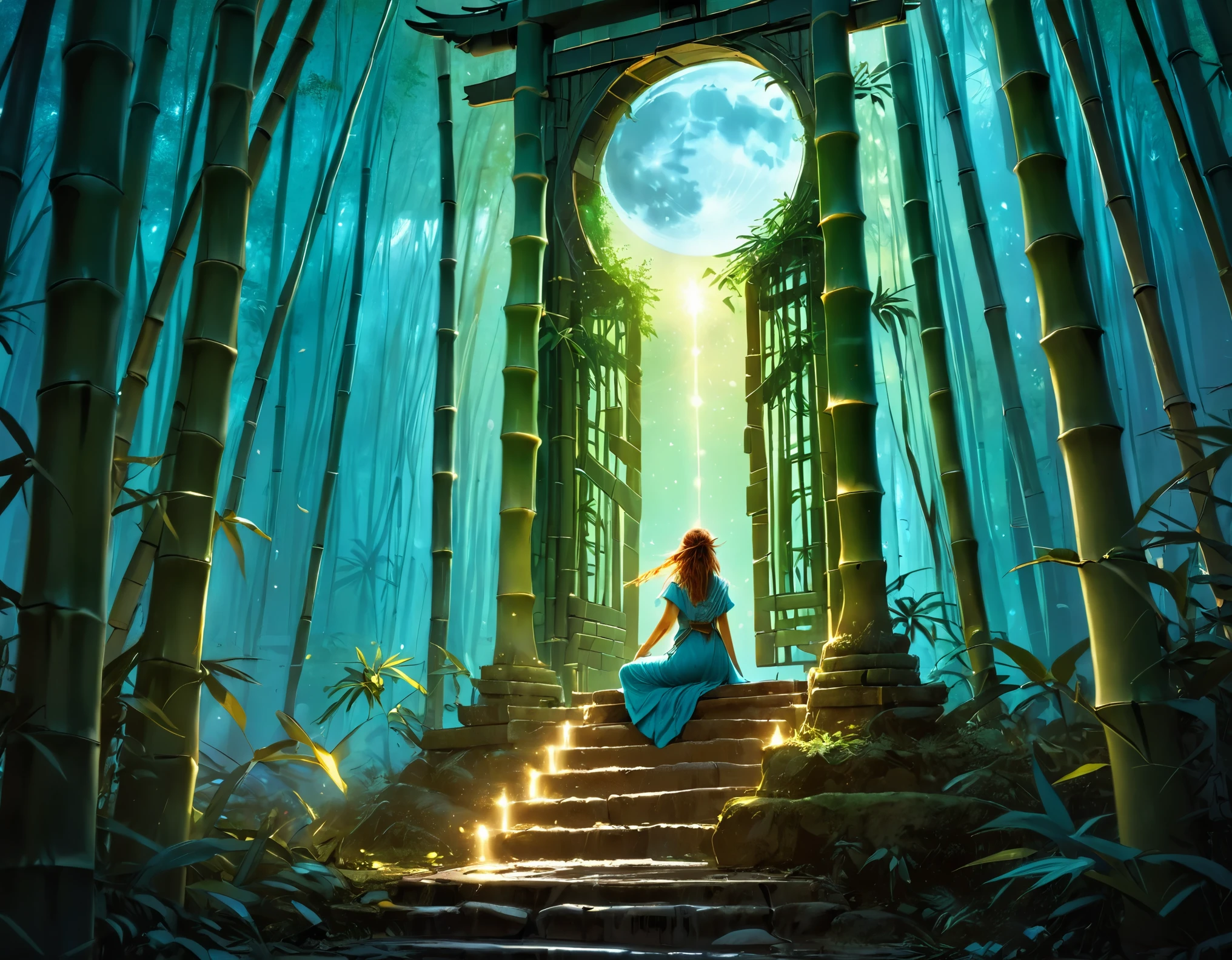 high details, best quality, 16k, [best detailed], masterpiece, best quality, (extremely detailed), a view from the rear (best details, Masterpiece, best quality), photorealistic, fantasy art, RPG art, a picture of a human sorceress sittings in bamboo forest, opening a large (magical doorway: 1.2), with magical runes on it, looking into the (heavens: 1.3), epic beautiful human woman (best details, Masterpiece, best quality), ultra detailed face (best details, Masterpiece, best quality), dynamic hair color, dynamic hair style, dynamic eyes color, dynamic dress (best details, Masterpiece, best quality), bamboo, the magical doorway opens into the heavens and you can see angels flying, glowing arcane sigils GlowingRunes_paleblue, fantasy bamboo forest at night, moon light, moon rays, stars, Ultra-high resolution, High Contrast, (masterpiece:1.5), highest quality, Best aesthetics), 16K fantasy art, best details, best quality, highres, (ultra wide angle: 1.2), 16k, [ultra detailed], masterpiece, best quality, (extremely detailed), Cinematic Hollywood Film
