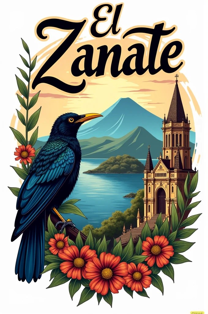 make a logo that says "El Zanate workshop dining room" in Spanish and have a grackle and in the background the island of Ometepe with 2 volcanoes and still next to it the Catholic Church of Urbaite which is similar to the cathedral of León 